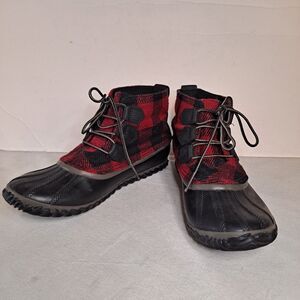 Sorel Out 'N About Womens Duck Boots Black Red Buffalo Check Waterproof Sz 9